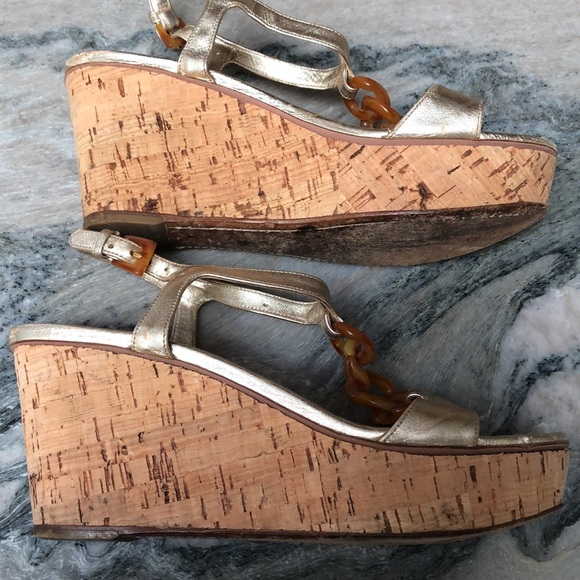 Prada vintage 90’s cork wedge heels metallic leather tortoiseshell look links 8 - Picture 6 of 11